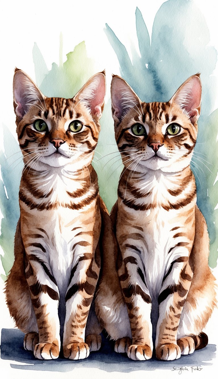 A pair of Scottish Fold cats sit side by side, their unique folded ears perked up as they gaze curiously at the viewer