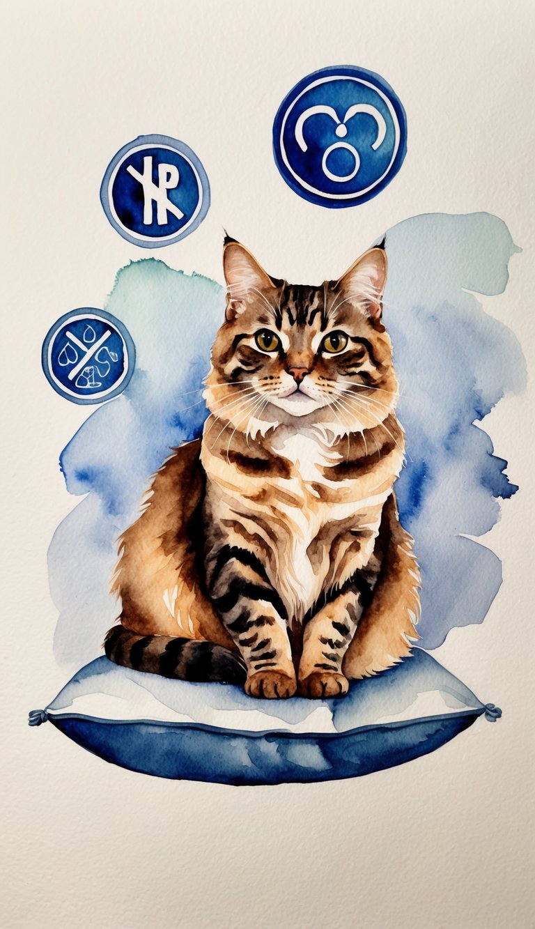 A Scottish Fold cat sitting on a cushion, surrounded by hypoallergenic symbols and a clear, uncluttered background