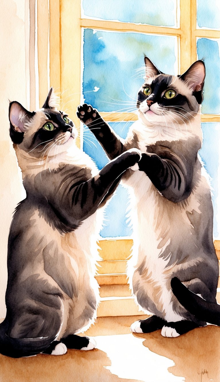 Two Tonkinese cats playfully interact in a sunlit room, their sleek coats and expressive eyes capturing the attention of the viewer