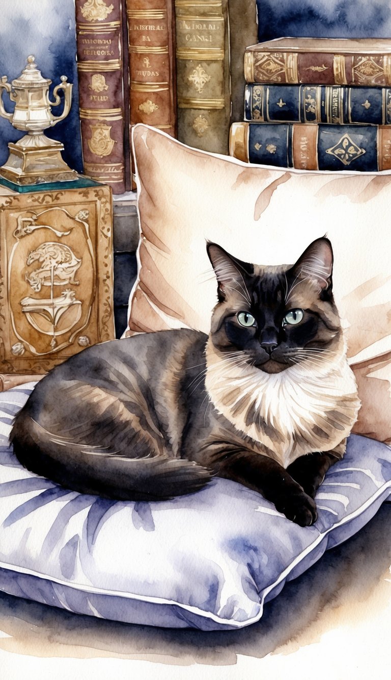 A Tonkinese cat lounges gracefully on a plush cushion, surrounded by historical books and artifacts. Its sleek coat and intelligent gaze exude an air of elegance and mystery