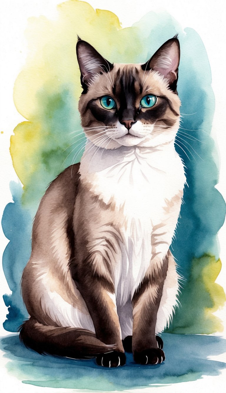 A Tonkinese cat with a sleek, medium-sized body and short coat sits calmly, its distinct pointed ears and striking blue-green eyes capturing attention