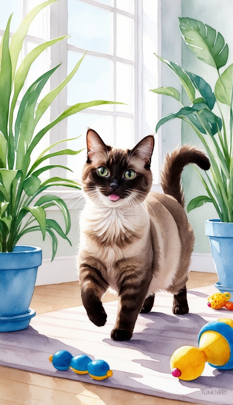 A playful Tonkinese cat with a sleek coat and bright eyes, frolicking in a sunlit room with hypoallergenic plants and toys scattered around