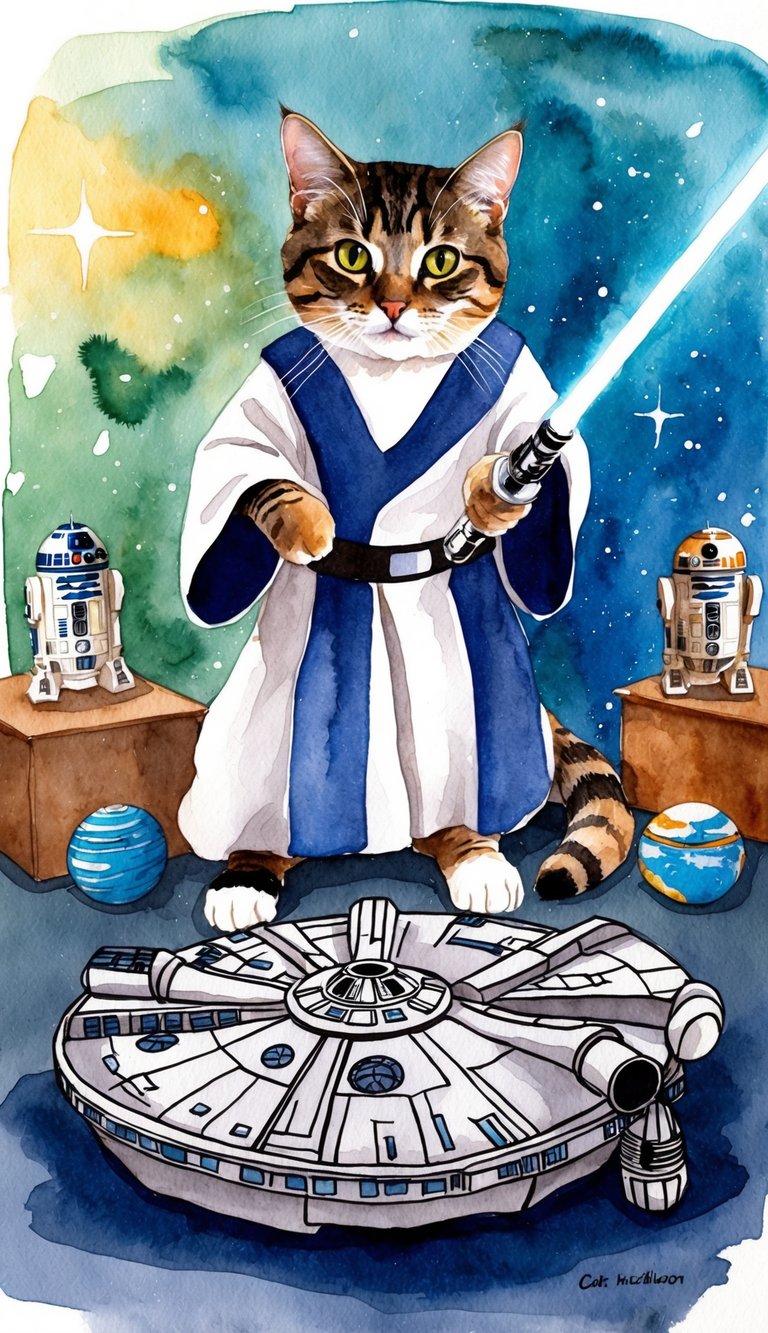 A cat dressed as a Jedi wielding a lightsaber, surrounded by space-themed toys and a Millennium Falcon cat bed