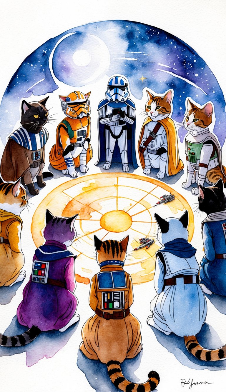 A group of cat-like creatures dressed as iconic Star Wars characters gather around a glowing galaxy map