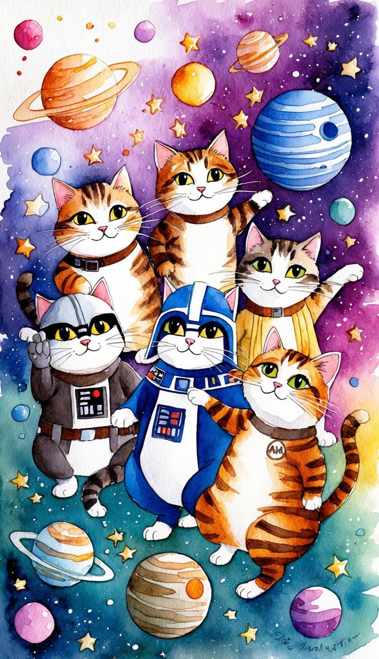 A group of whimsical cats dressed as Star Wars characters frolic among colorful planets and stars in the galaxy