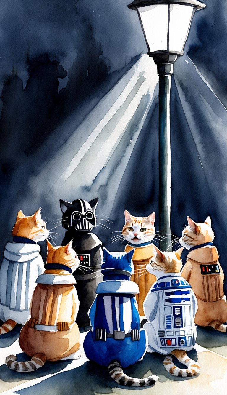 A group of cats in Star Wars-themed costumes gather under a dimly lit streetlamp, casting ominous shadows as they meow and hiss at each other