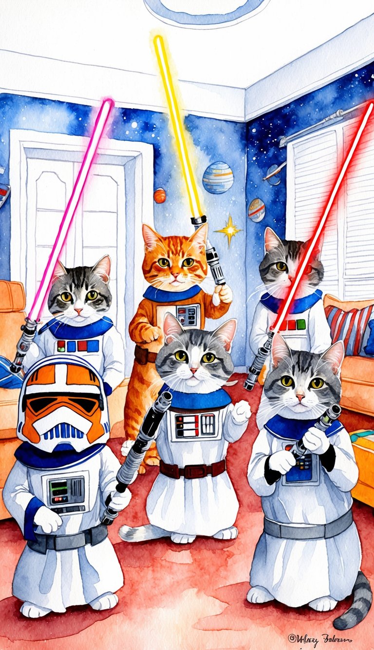 A group of cats dressed as Star Wars characters, playing with toy lightsabers in a space-themed room