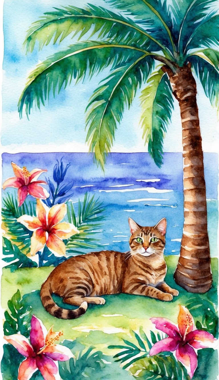 A cat lounging under a palm tree, surrounded by tropical flowers and a view of the ocean