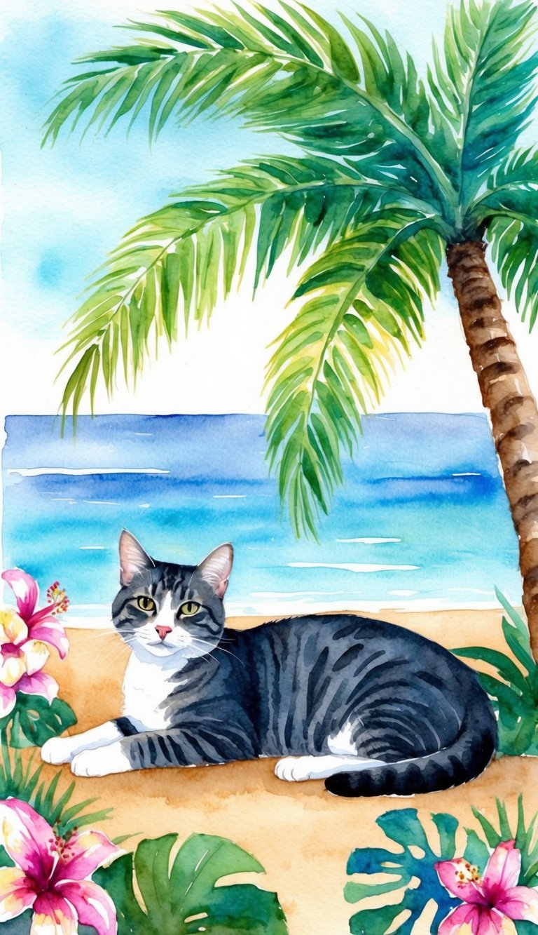 A Hawaiian cat lounging under a palm tree, surrounded by tropical flowers and a gentle ocean breeze