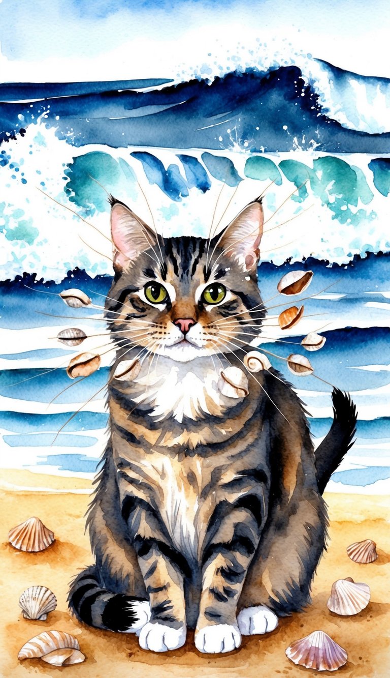 A cat with whiskers adorned in seashells, sitting on a sandy beach with waves crashing in the background