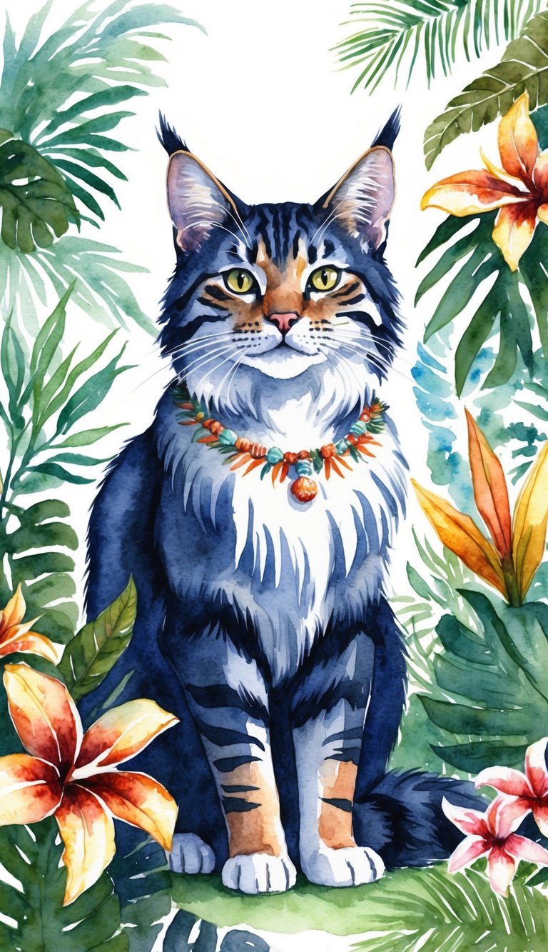 A majestic Hawaiian cat with mythical features surrounded by tropical flora and fauna