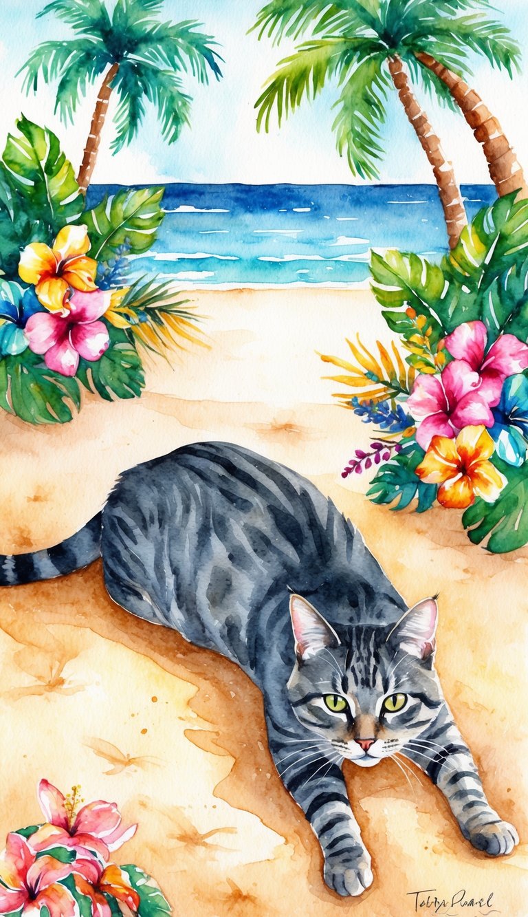 A tabby cat lounges on a sandy beach, surrounded by vibrant tropical flowers and palm trees, with the ocean in the background