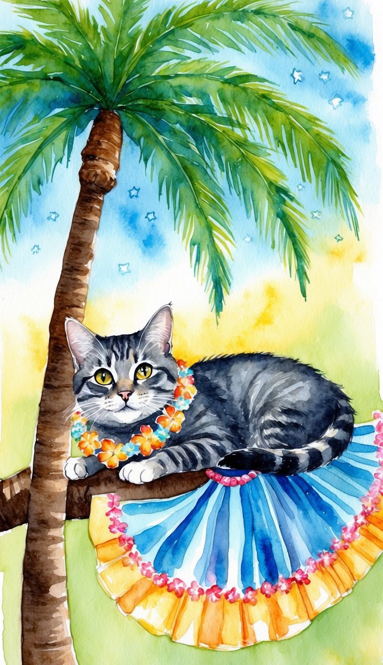 A cat with starry eyes lounging under a palm tree with a hula skirt and a flower lei