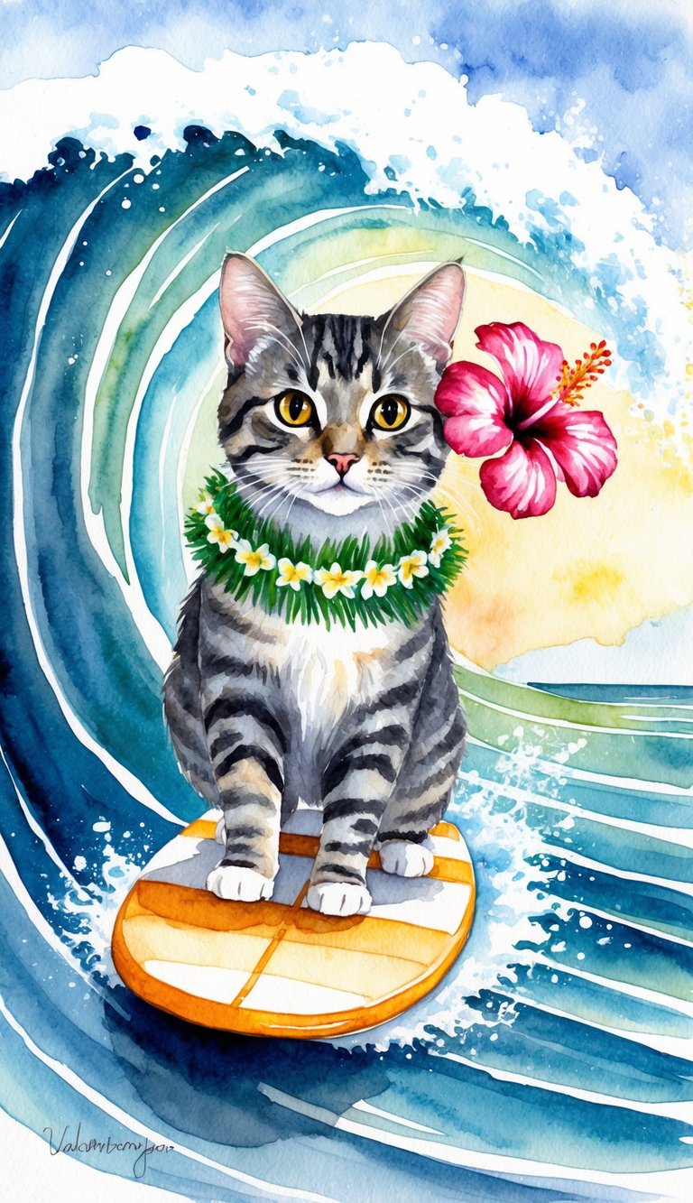 A cat wearing a lei and surfing on a wave, with a hibiscus flower behind its ear