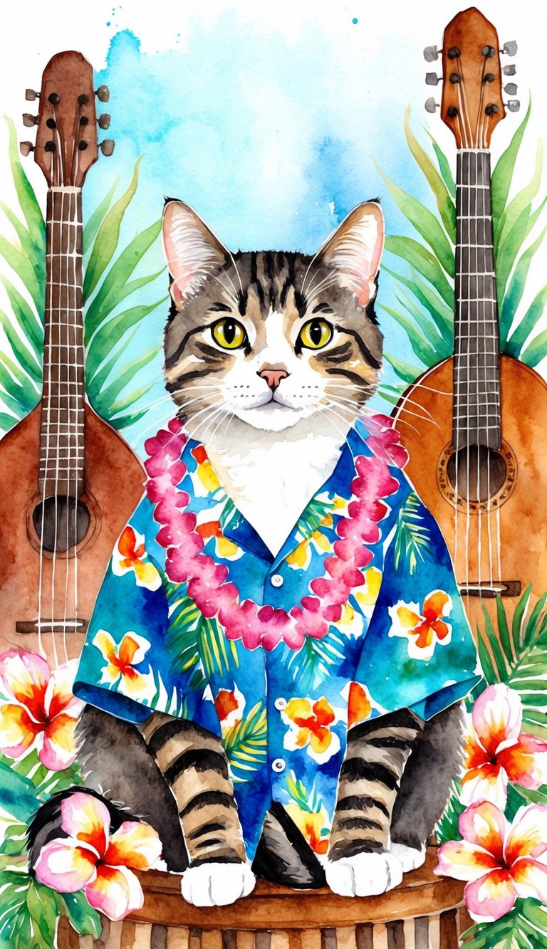A cat wearing a colorful Hawaiian shirt and lei, surrounded by musical instruments and tropical flowers
