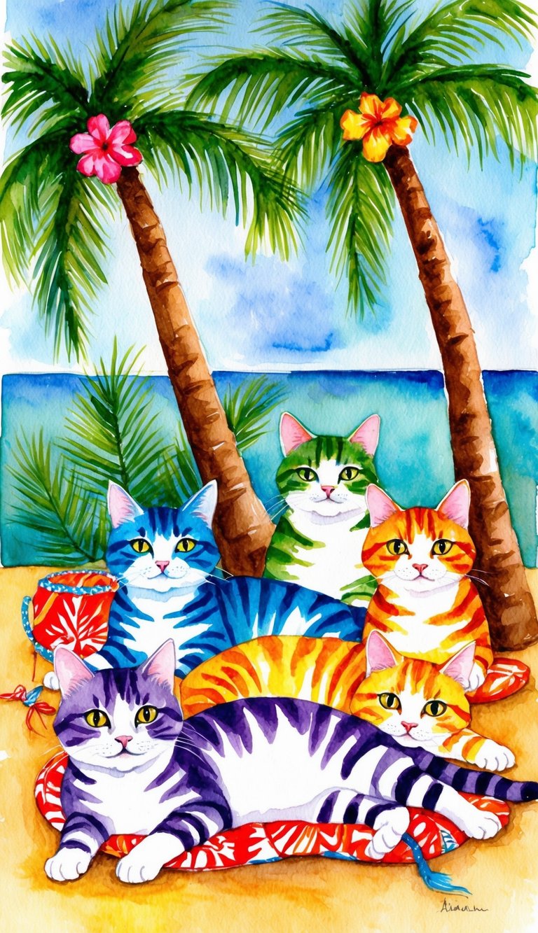 A group of colorful cats lounging under palm trees with Hawaiian-themed accessories