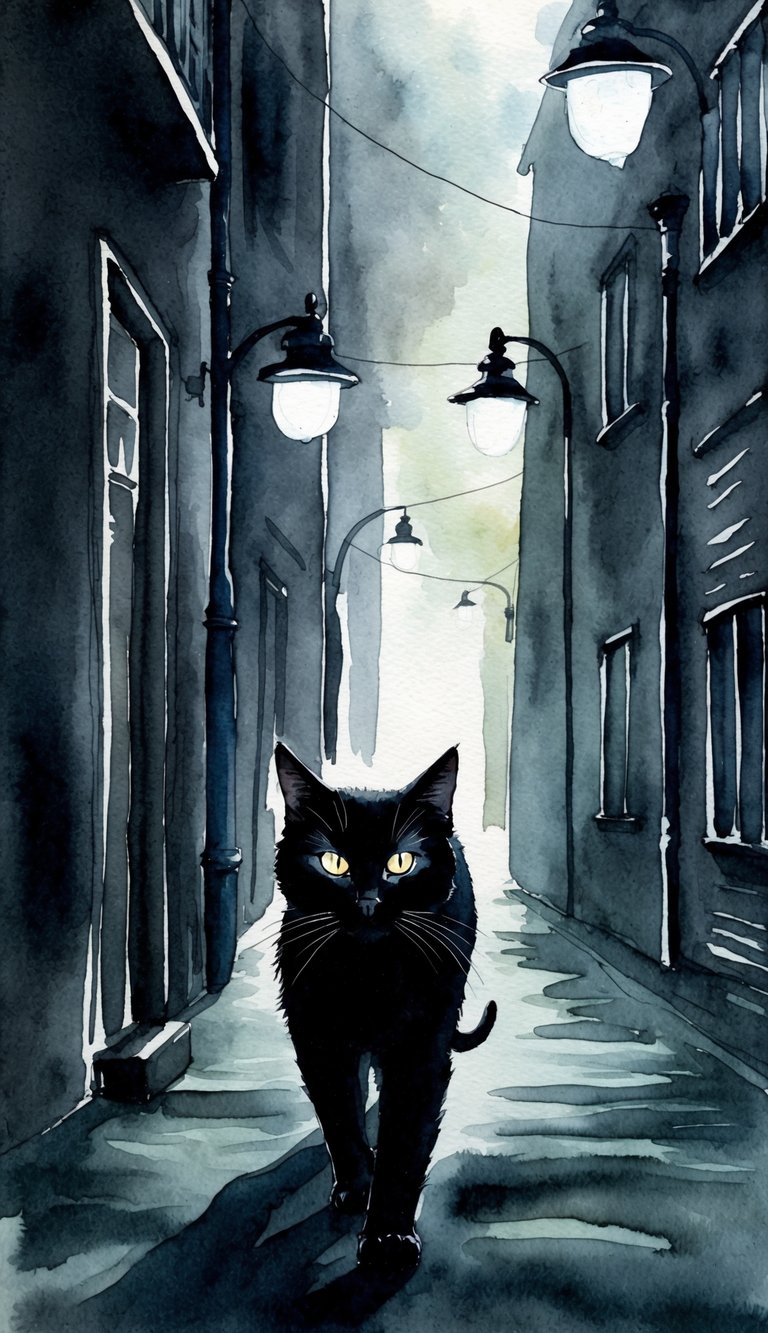 A black cat with glowing eyes stalks through a dark alley, surrounded by ominous shadows and flickering streetlights