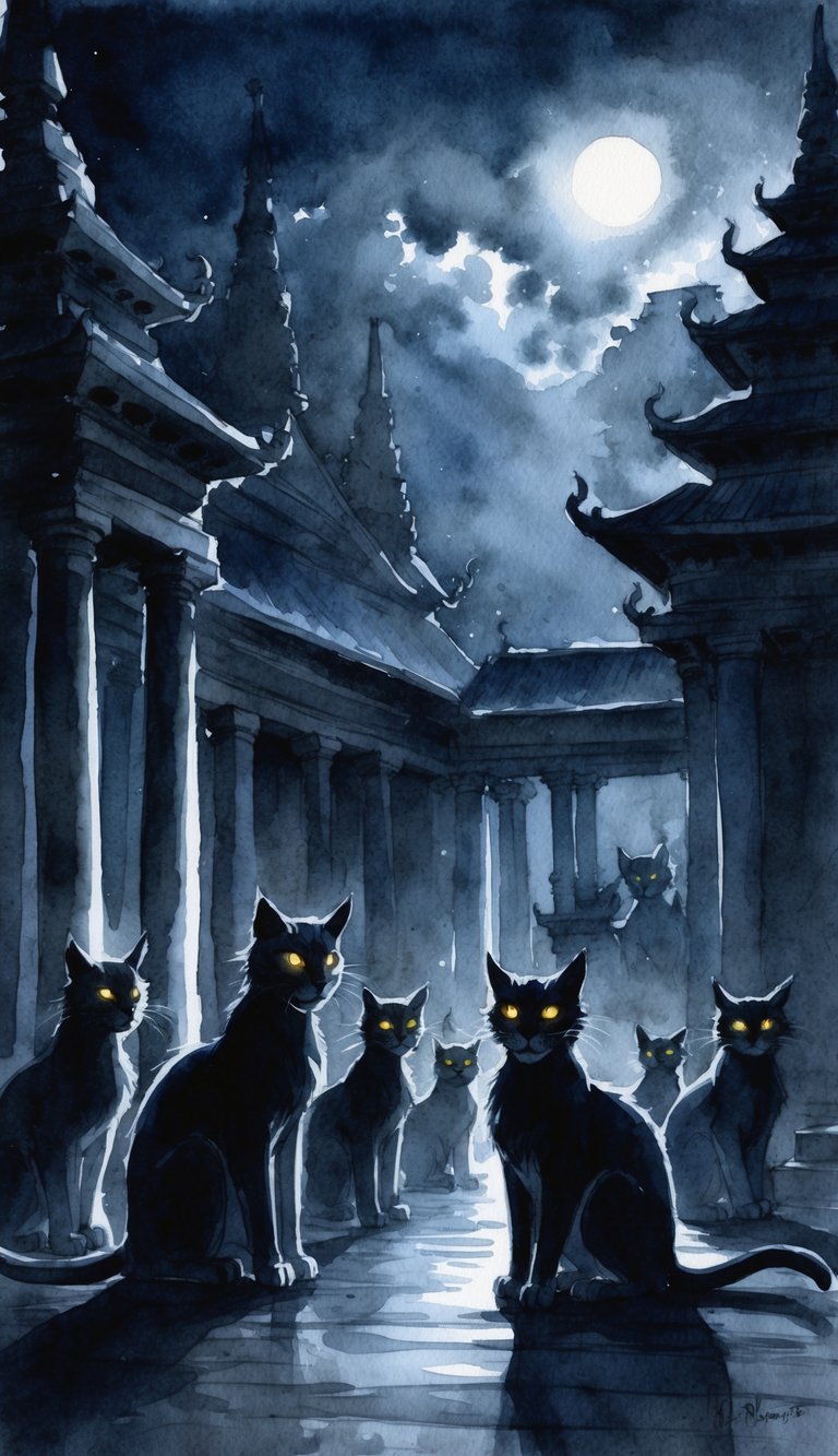 A dark, stormy night in an ancient temple, where shadowy figures of mythical cats gather, their glowing eyes filled with malevolence