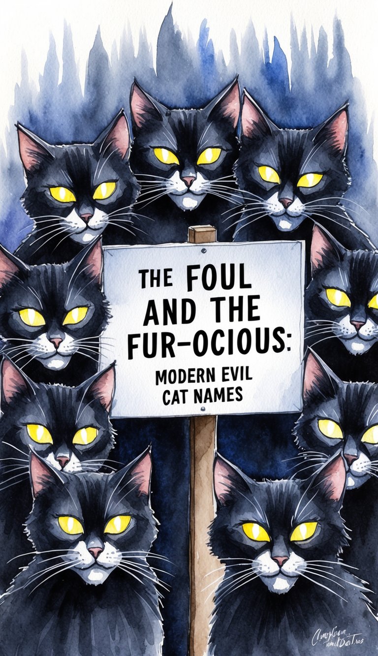 A group of sinister-looking cats with glowing eyes gather around a sign that reads "The Foul and the Fur-ocious: Modern Evil Cat Names."
