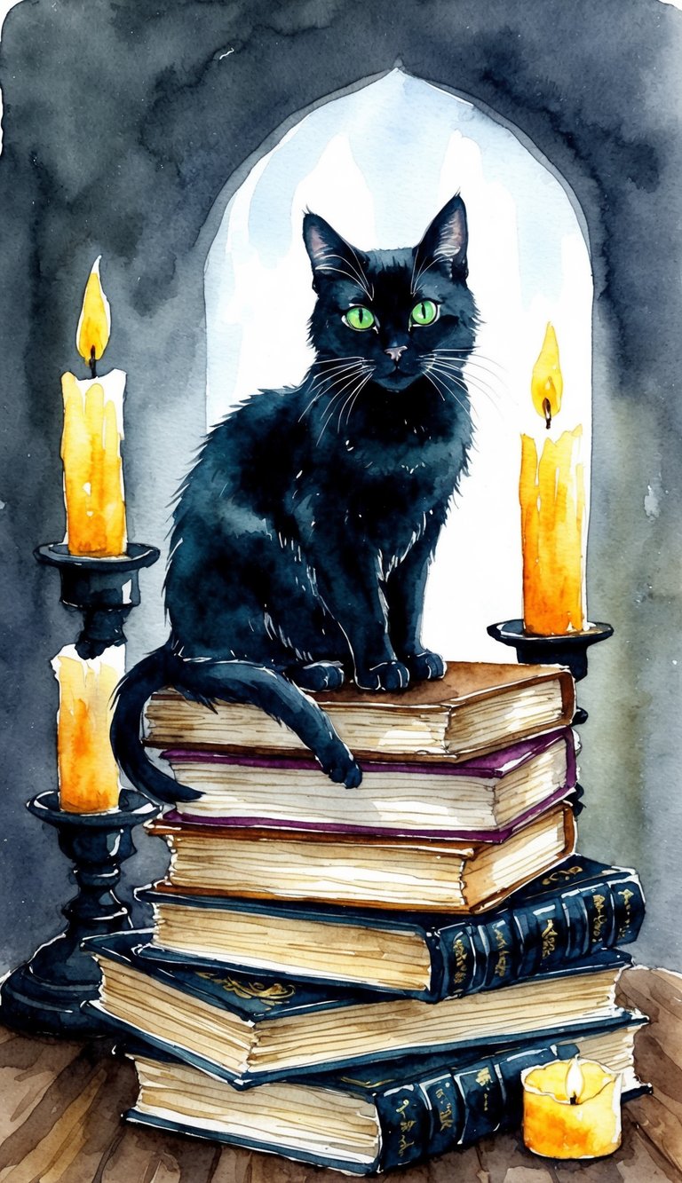 A black cat with glowing green eyes sits atop a pile of ancient books, surrounded by flickering candles and ominous shadows