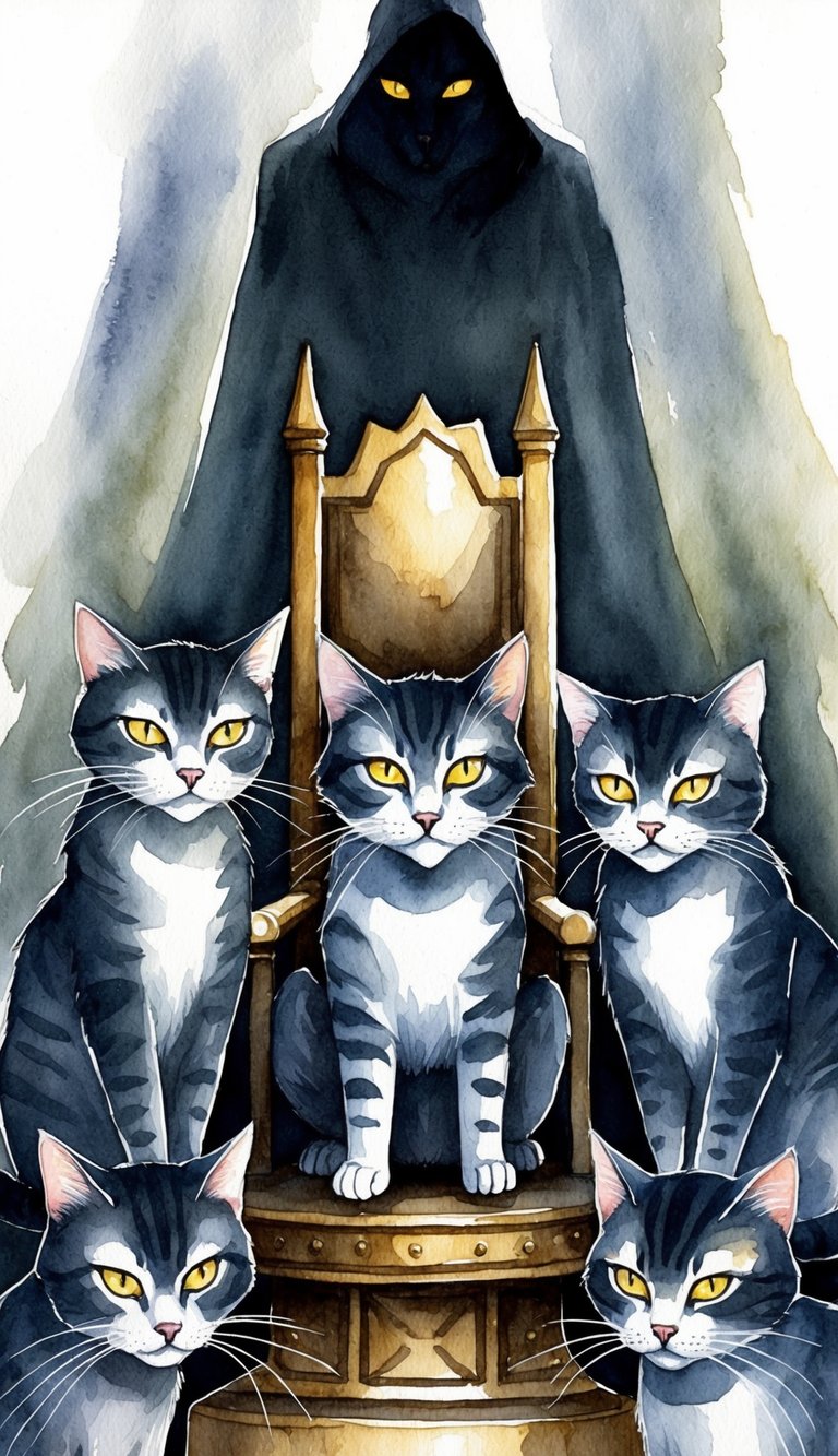 A group of sinister-looking cats surround a throne, their glowing eyes fixed on a shadowy figure looming above them
