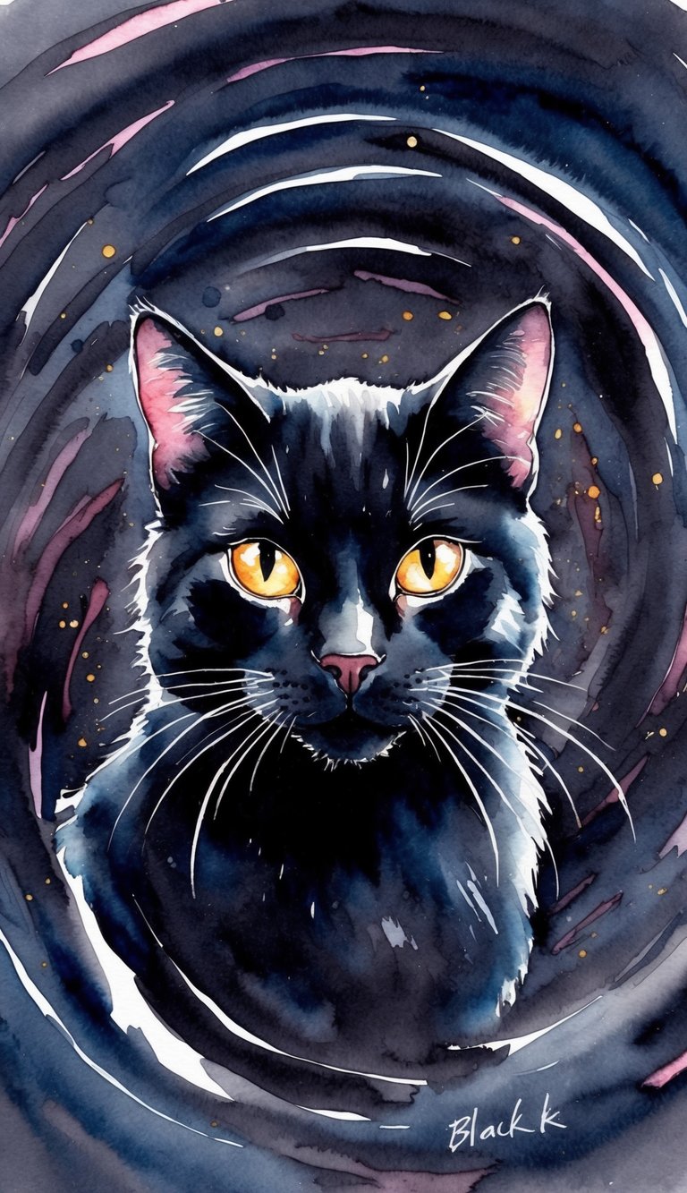 A black cat with glowing eyes surrounded by swirling dark energy