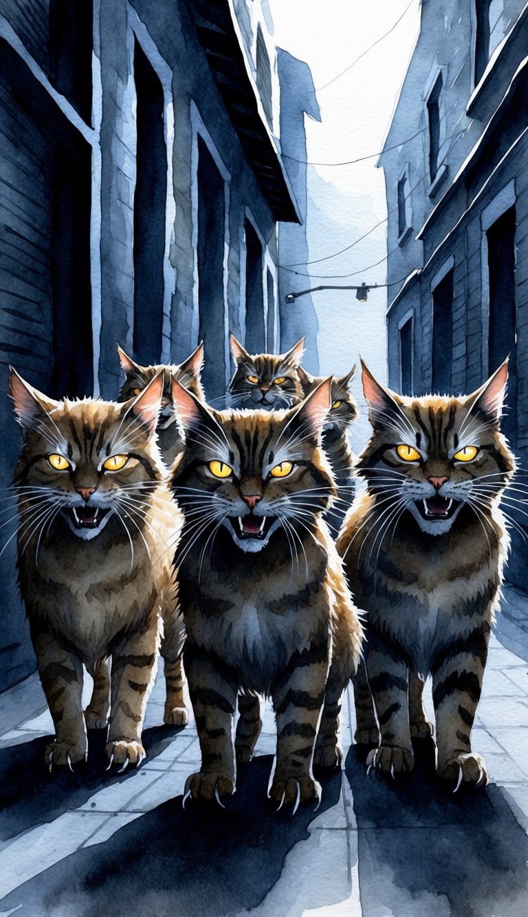 A group of menacing-looking cats with glowing eyes and sharp claws stand in a dark alley, their fur bristling as they prepare to cause mischief
