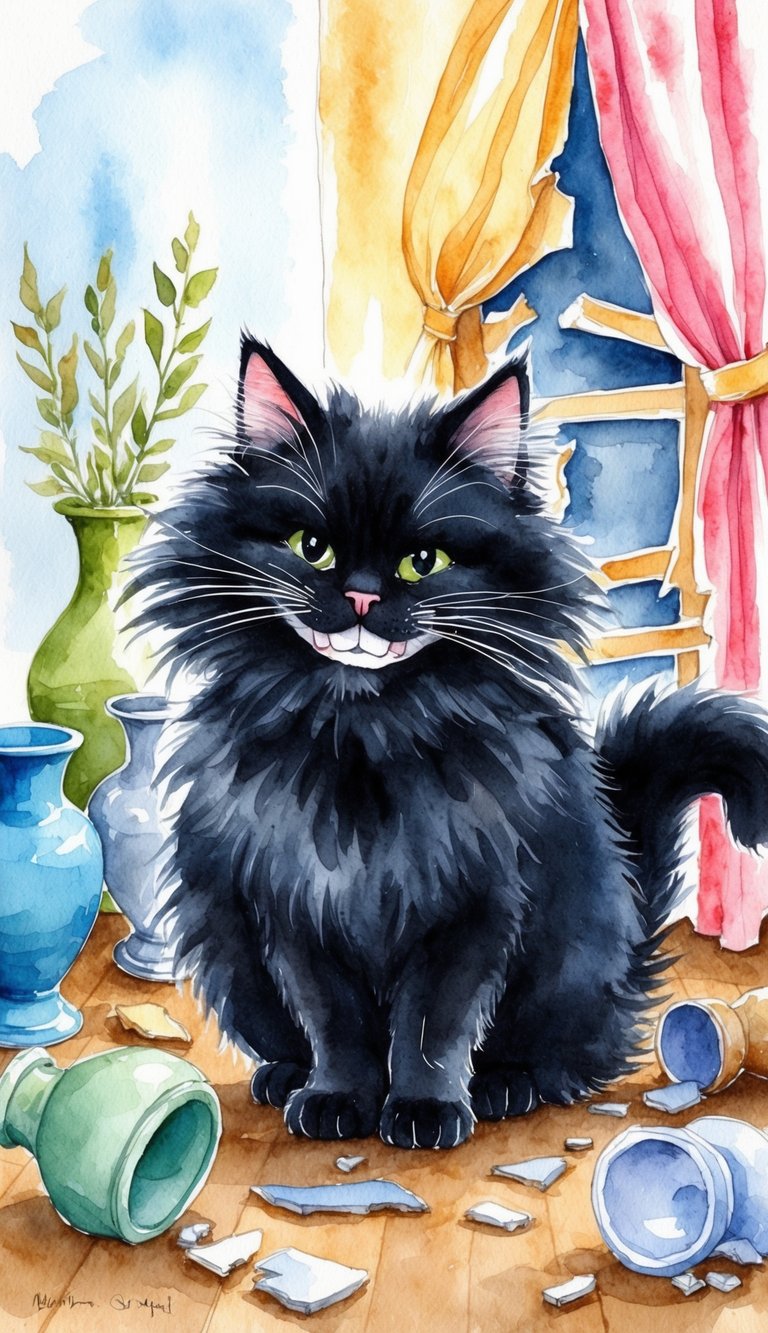 A cute, fluffy black cat with a mischievous grin, surrounded by broken vases, torn curtains, and knocked-over furniture