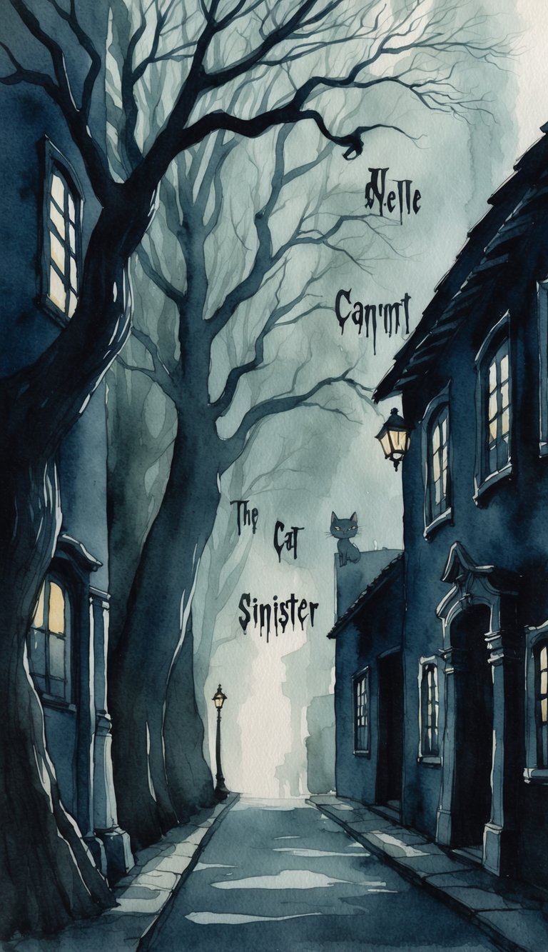 A dark, shadowy alley with looming, twisted trees and eerie mist, where sinister cat name elements float ominously in the air