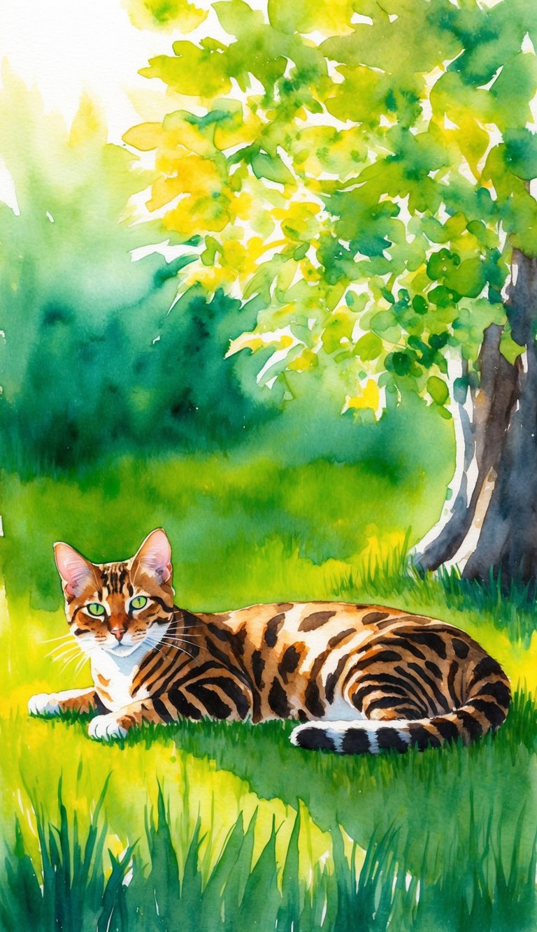 A Bengal cat lounging on a vibrant green grass field with sunlight filtering through the leaves of a tree