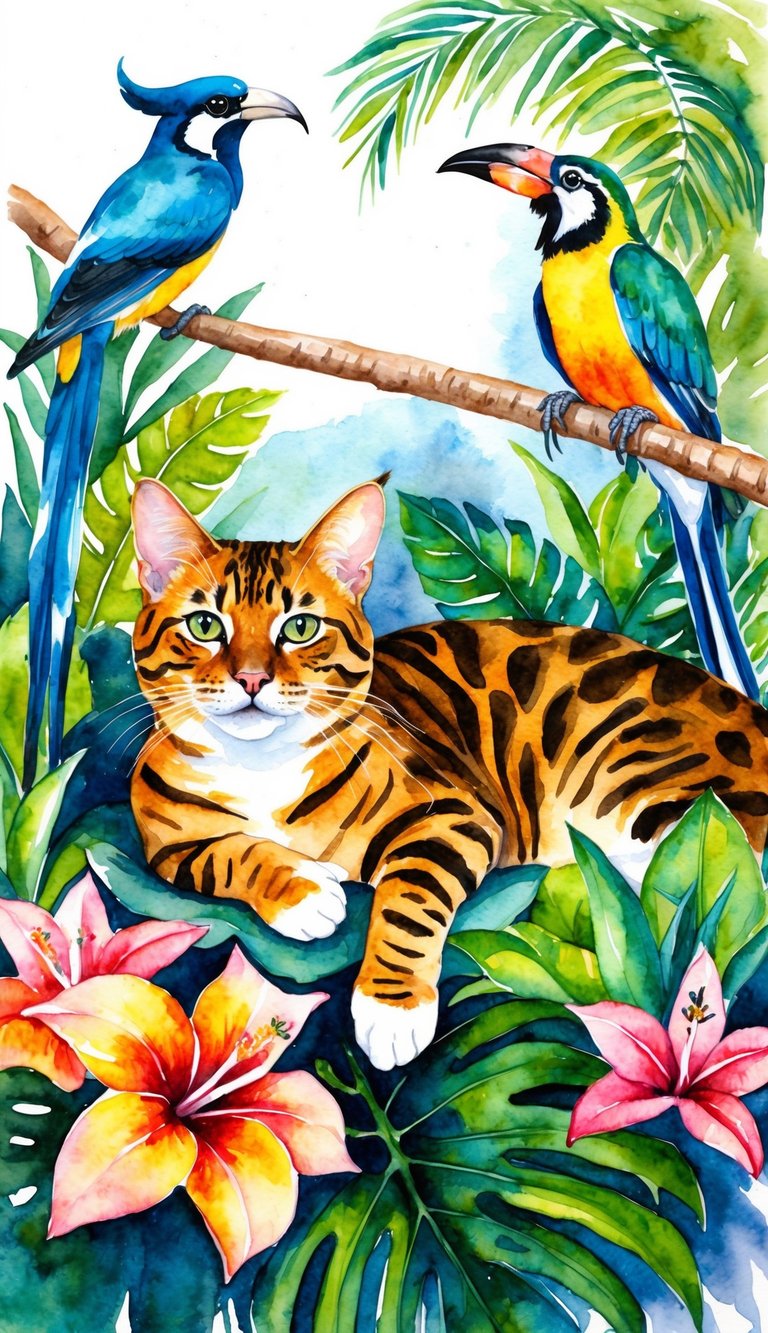 A Bengal cat lounging among tropical foliage, surrounded by vibrant flowers and exotic birds