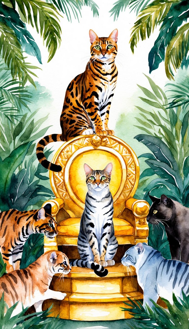 A majestic male Bengal cat sits atop a golden throne, surrounded by lush jungle foliage, as other animals bow in reverence