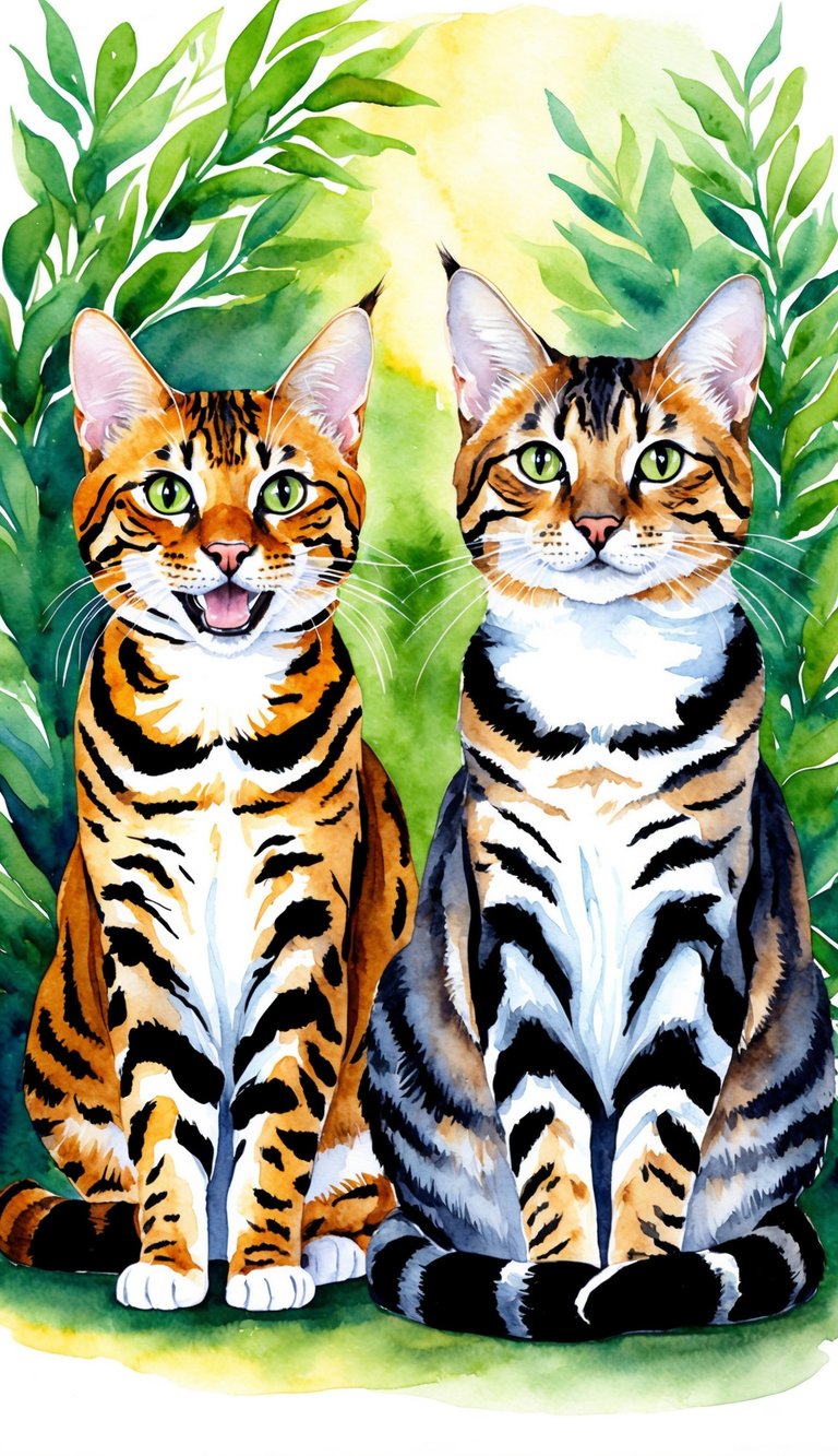 Two regal Bengal cats sitting side by side, one with a playful expression and the other with a serene gaze, surrounded by lush greenery