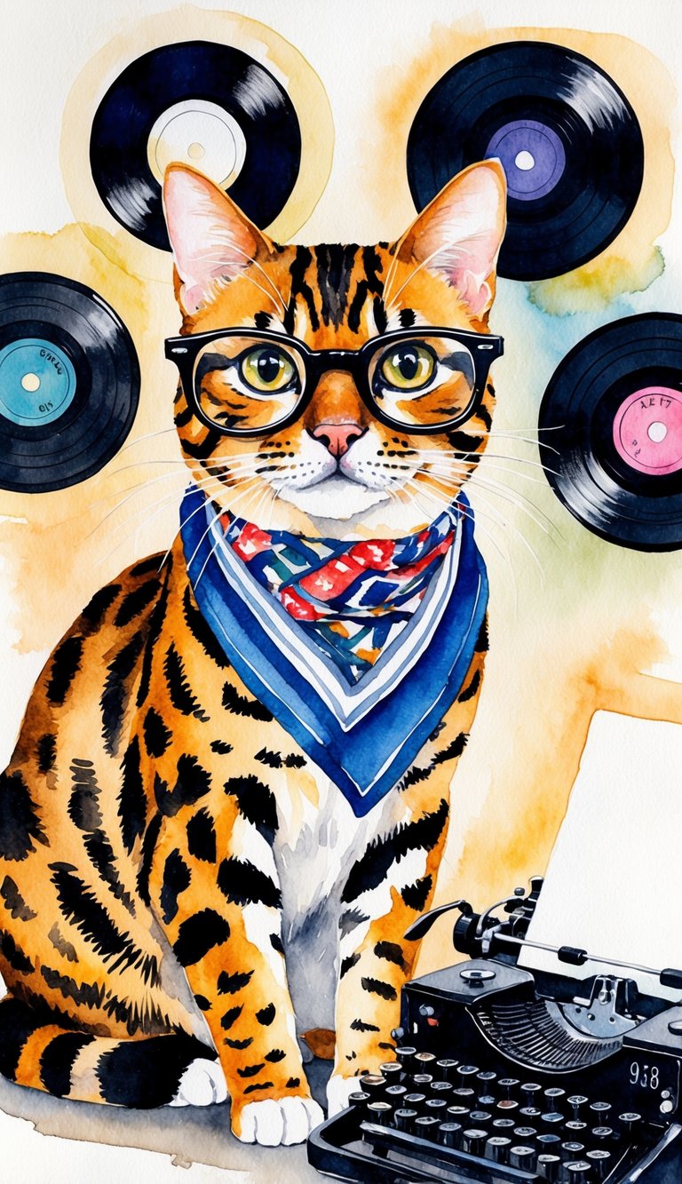 A Bengal cat wearing thick-rimmed glasses and a scarf, surrounded by vintage records and a typewriter