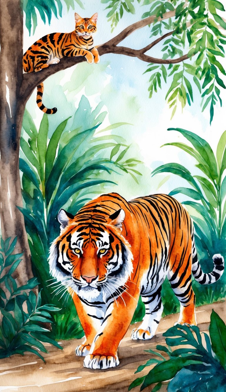 A majestic Bengal tiger prowls through a lush jungle, while a sleek Bengal cat watches from a tree branch above