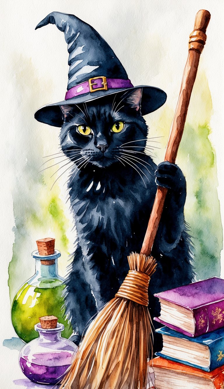 A black cat with a pointed hat and a broomstick, surrounded by potions and spell books