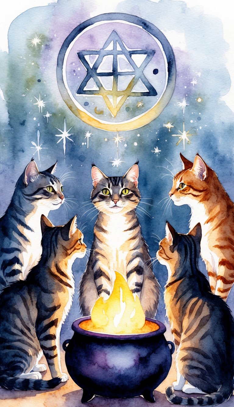 A group of cats gather around a glowing cauldron, their fur standing on end as they watch mysterious symbols and sparkles form in the air