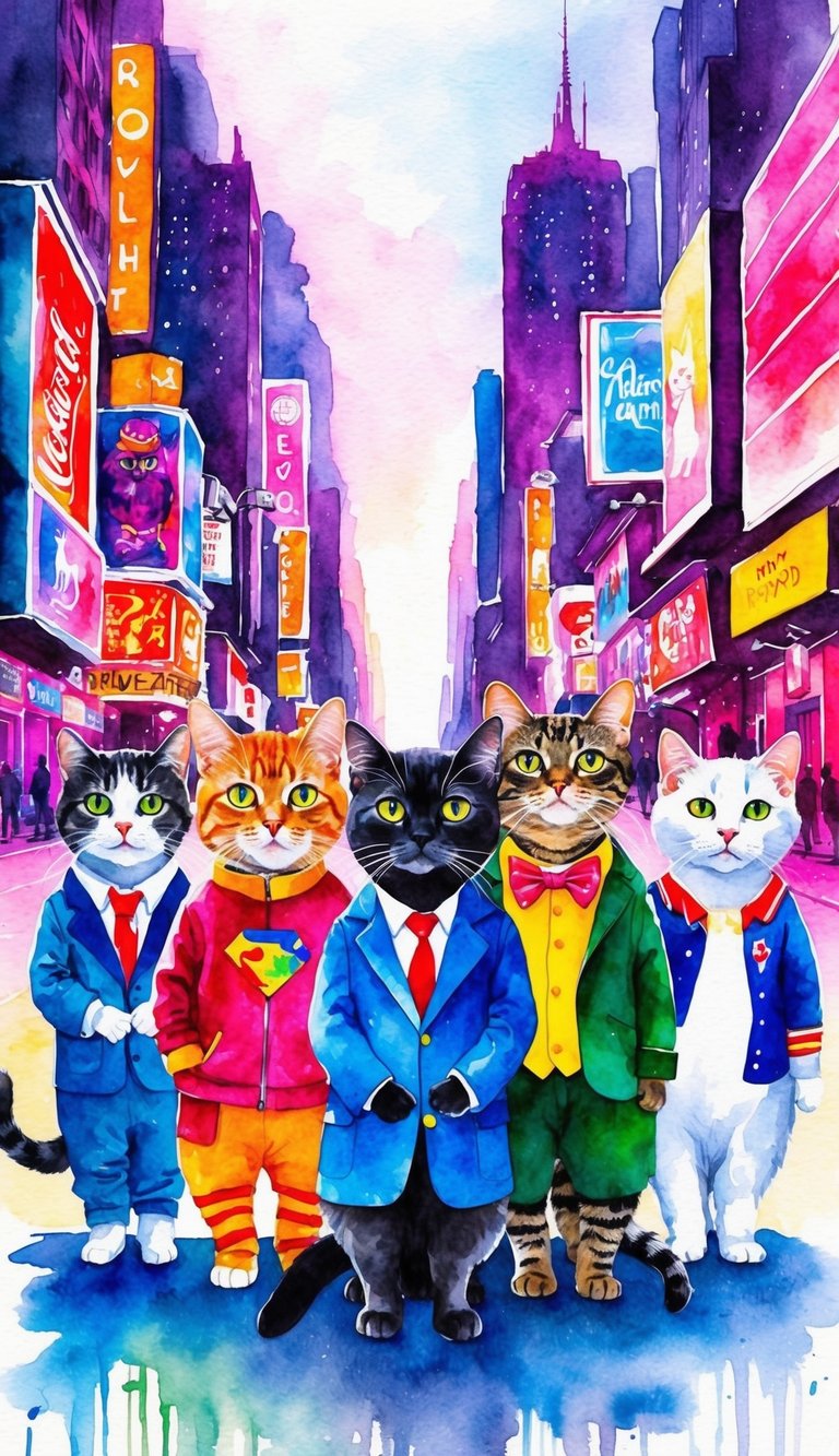 A group of cats dressed as iconic pop culture characters gather in a vibrant, neon-lit cityscape