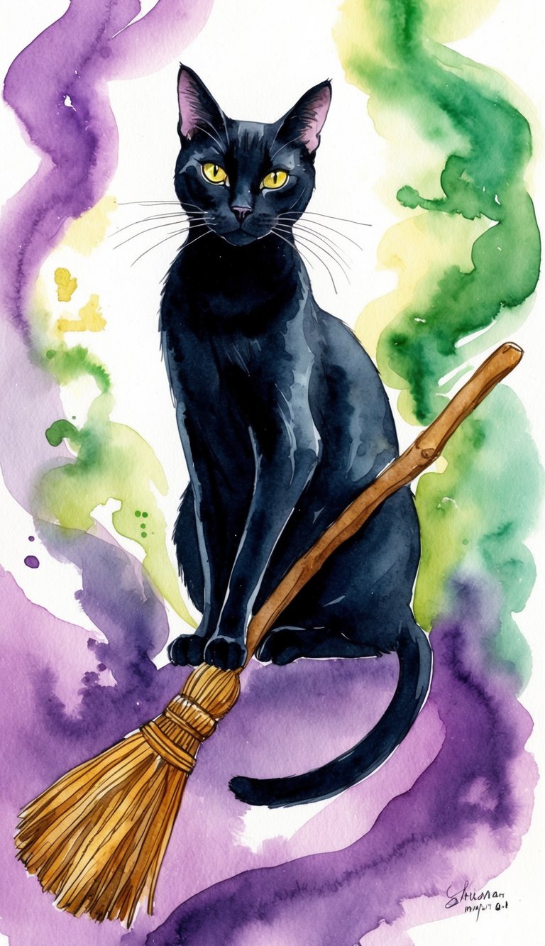 A sleek black cat with piercing yellow eyes sits atop a broomstick, surrounded by swirling purple and green smoke