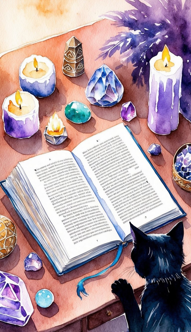 A magical book open on a table, surrounded by mystical objects like crystals, candles, and a black cat
