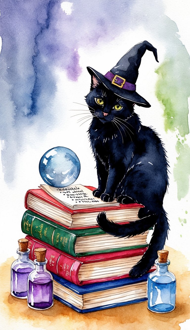 A black cat sits on a stack of spell books, surrounded by potion bottles and a crystal ball. The cat wears a tiny witch hat and looks at a list of names