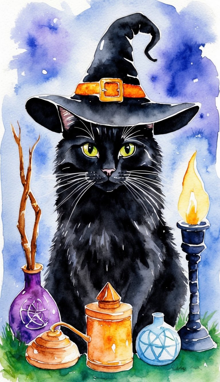 A black cat surrounded by mystical objects and wearing a witch hat