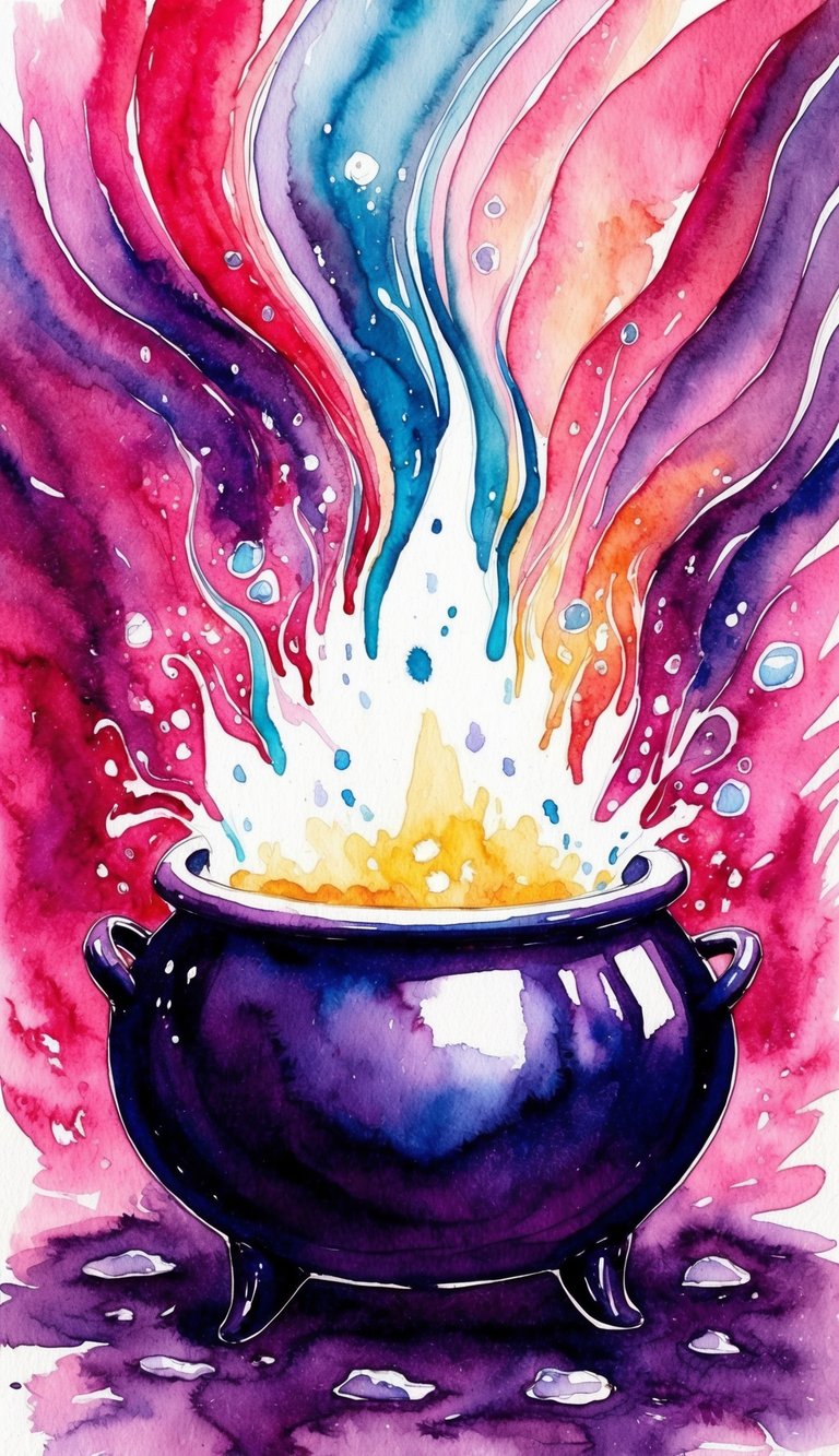 A bubbling cauldron surrounded by swirling, vibrant colors, emanating an otherworldly glow