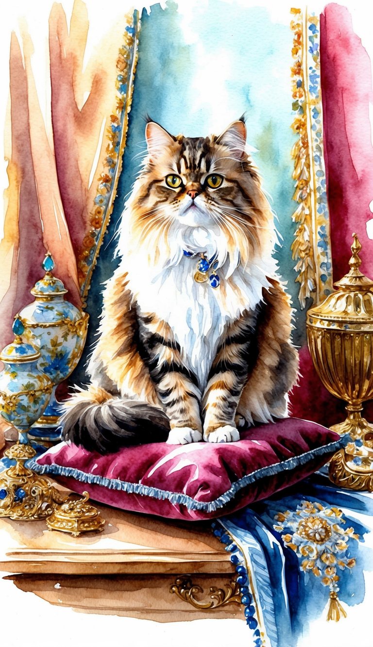 A regal Persian cat sits on a velvet cushion, surrounded by ornate trinkets and luxurious fabrics