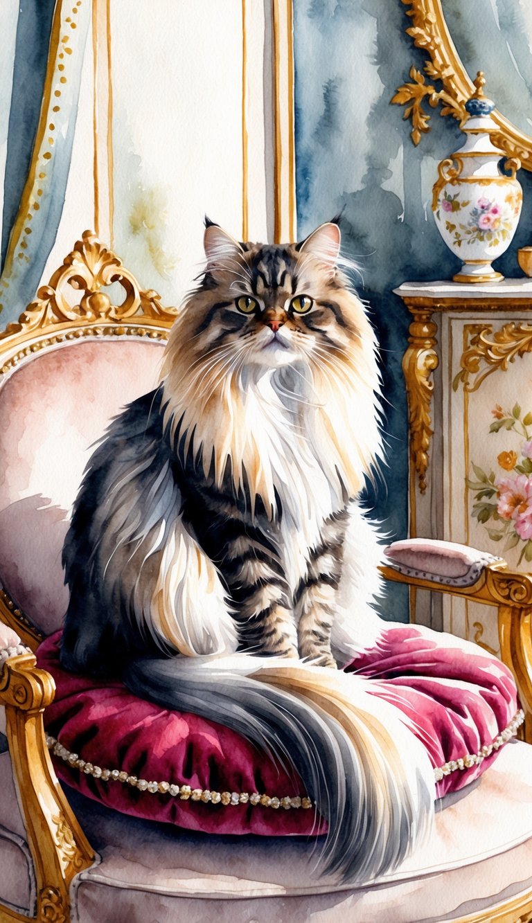 A regal Persian cat with long, luxurious fur sits on a velvet cushion, surrounded by ornate decor and elegant furniture
