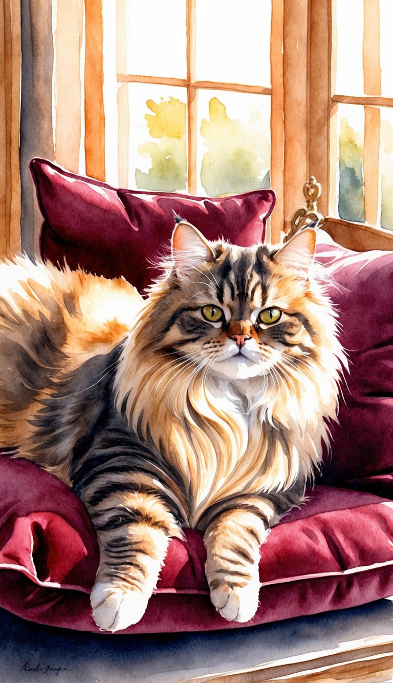 A regal Persian cat lounges on a velvet cushion, its luxurious fur reflecting the warm glow of a sunlit room