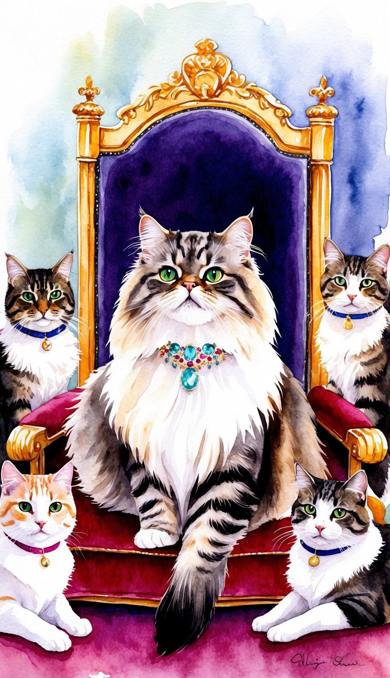 A regal Persian cat lounges on a velvet throne, adorned with a jeweled collar, surrounded by loyal feline subjects