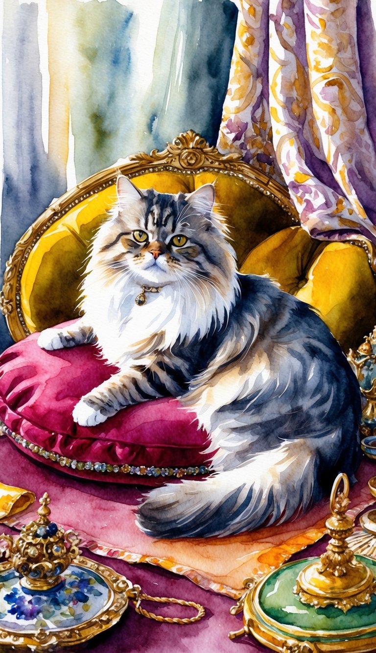 A regal Persian cat lounges on a velvet cushion, surrounded by ornate trinkets and luxurious textiles