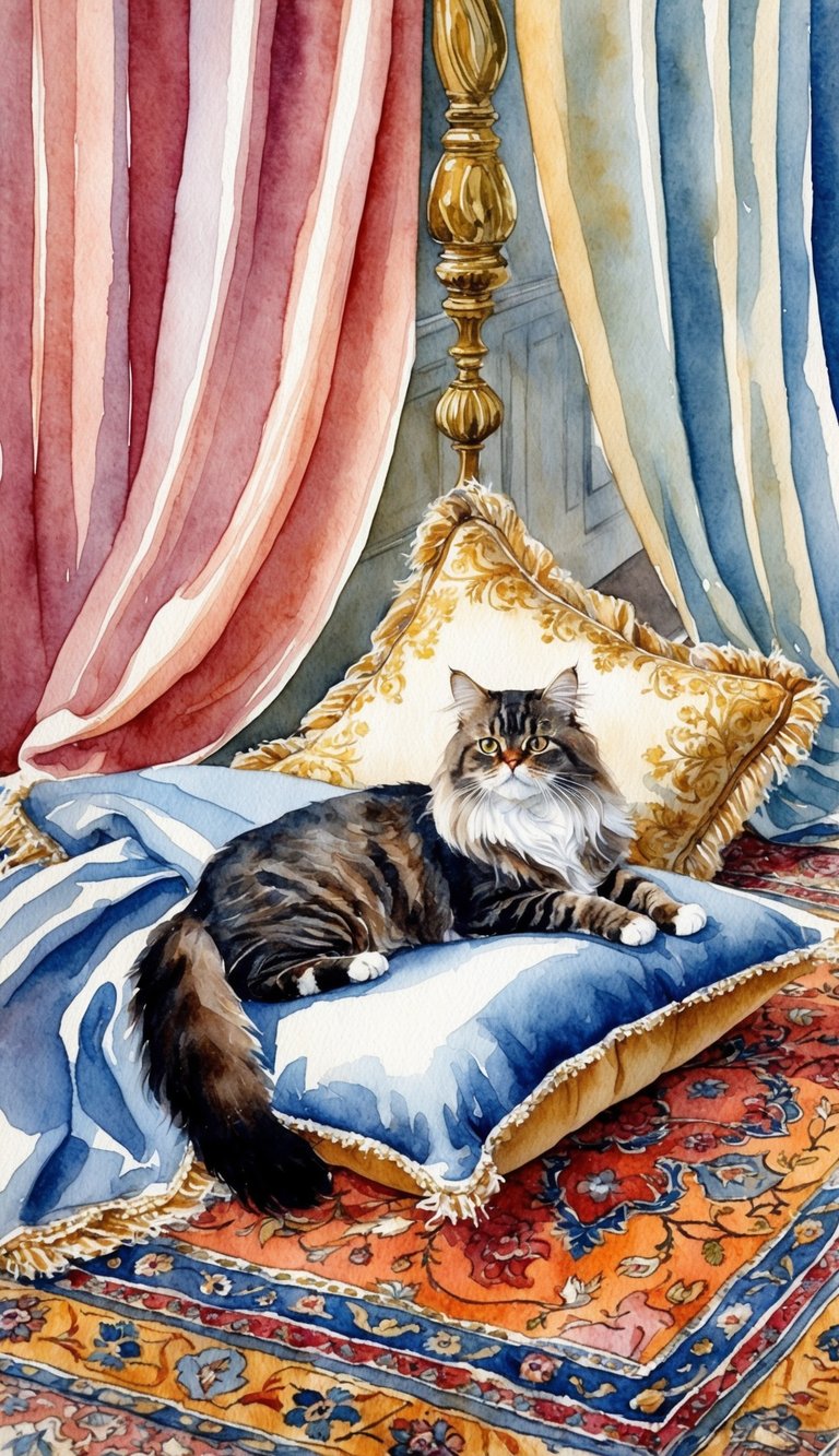 A regal Persian cat lounges on a luxurious cushion surrounded by ornate Persian rugs and flowing silk curtains