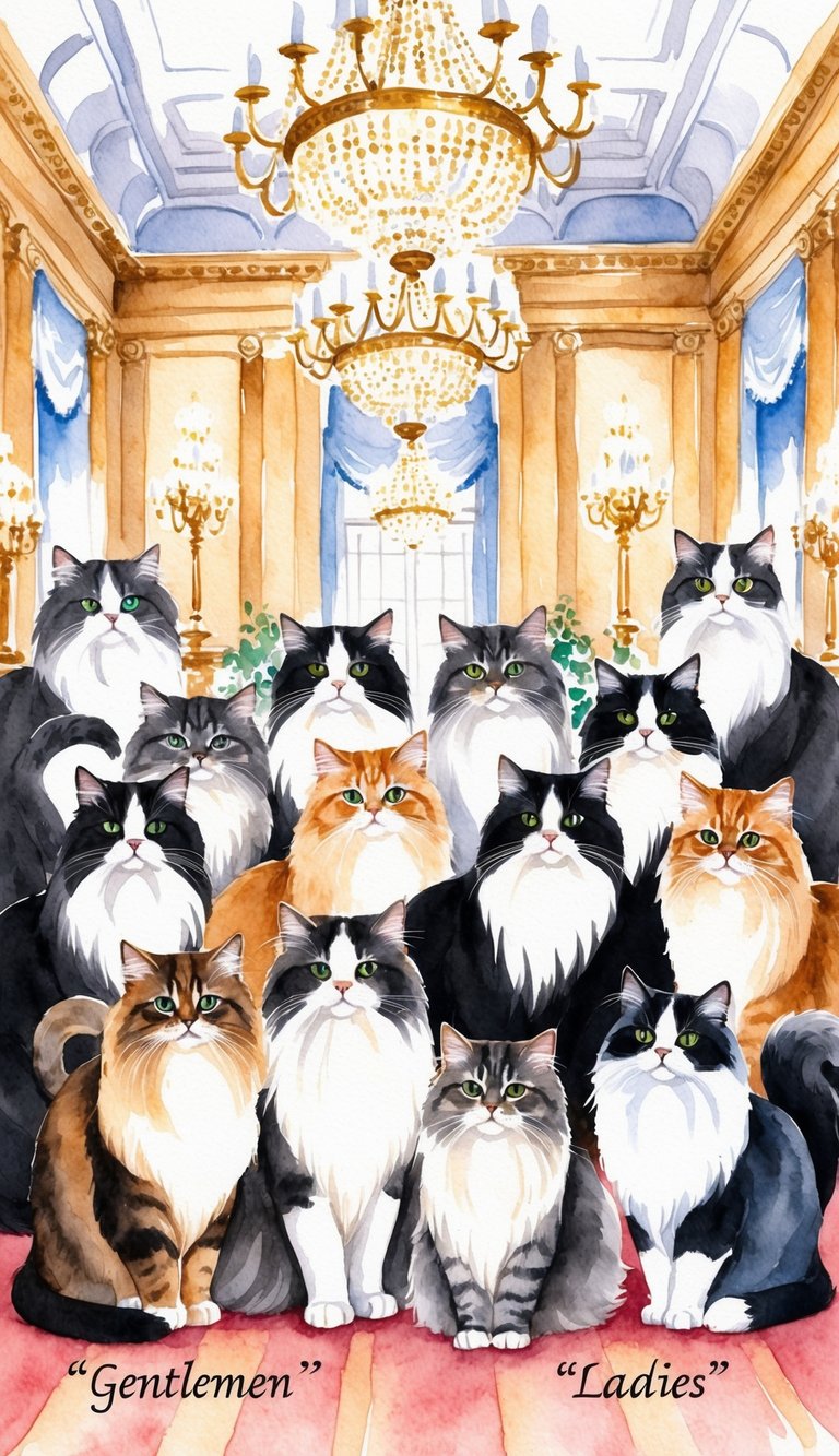 A group of elegant Persian cats gather in a grand ballroom, adorned with luxurious decor and chandeliers, embodying the classic names of "Gentlemen" and "Ladies."